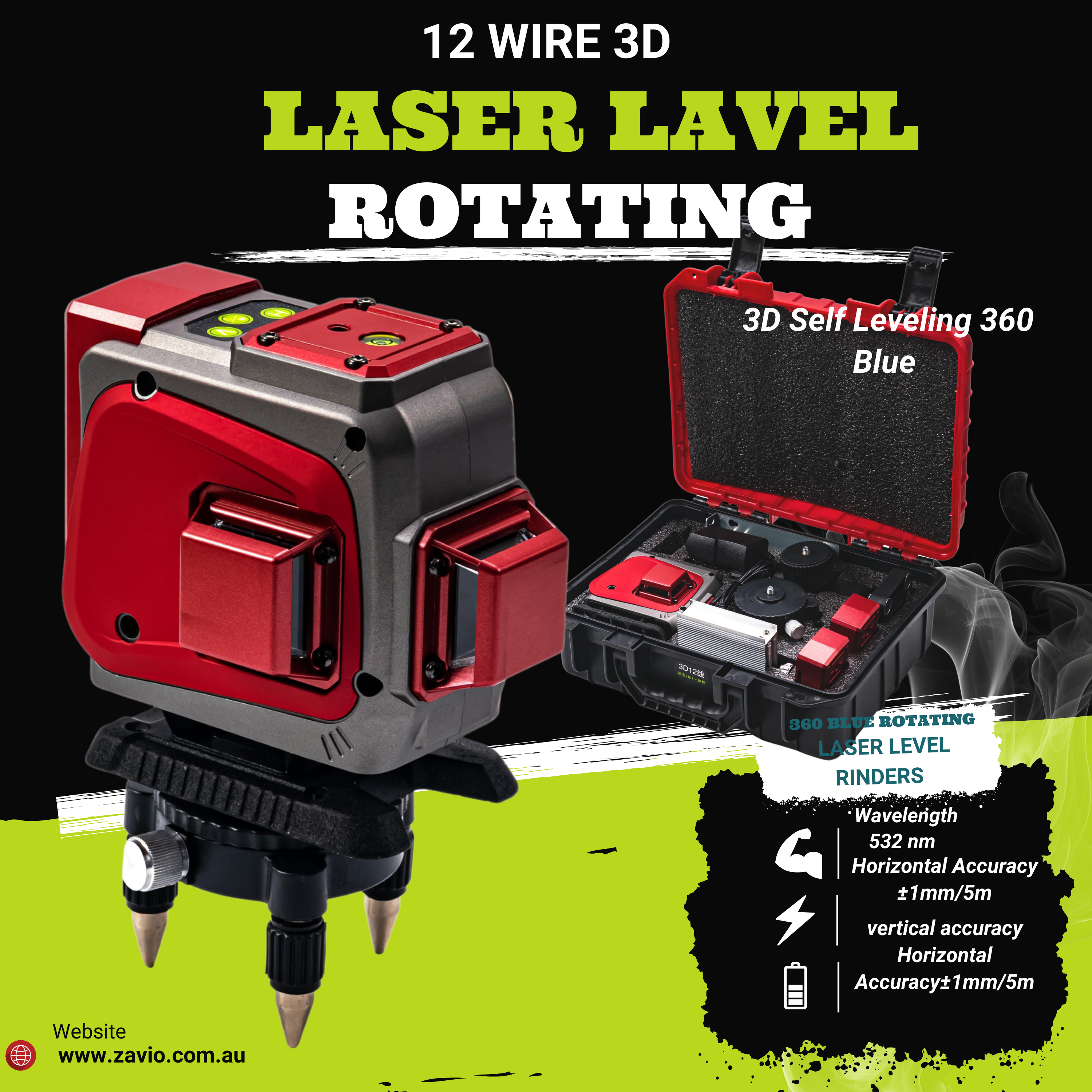 3D 360° Automatic Self-Leveling Laser Level Tool Set - Professional Cross Line Laser for Construction, Tile Installation, Wall Mounting & Home DIY