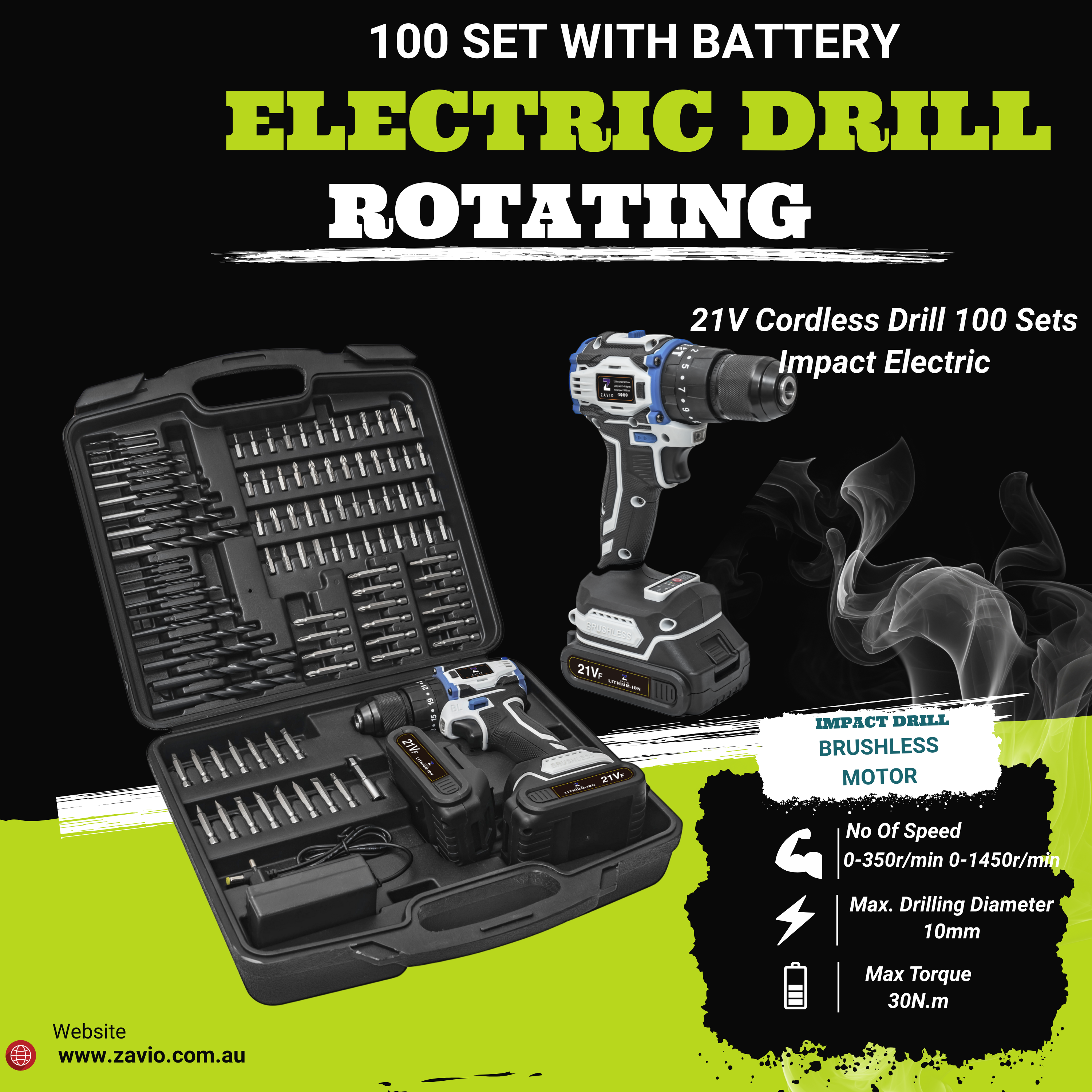 21V Brushless Cordless Impact Drill Set – 2-Speed, 30Nm Torque, 2.0Ah Battery – Powerful DIY & Industrial Tool