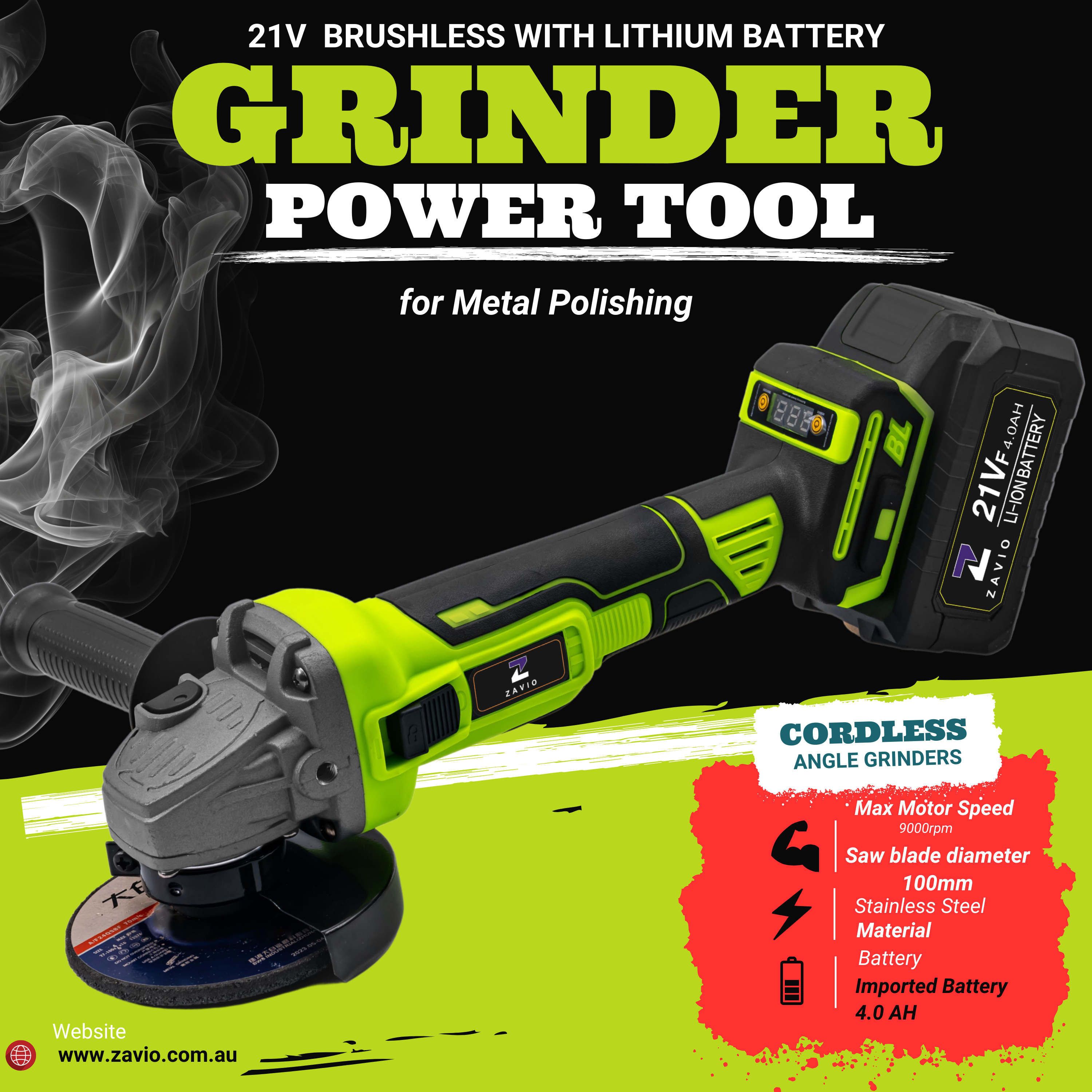 21V Brushless Cordless Angle 100m Grinder with 4.0Ah Battery Chargeable